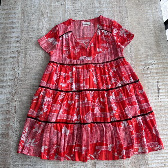 Urban Outfitters Red Floral A-Line Mini V-Neck Dress Short Sleeves Size Small - Picture 2 of 11